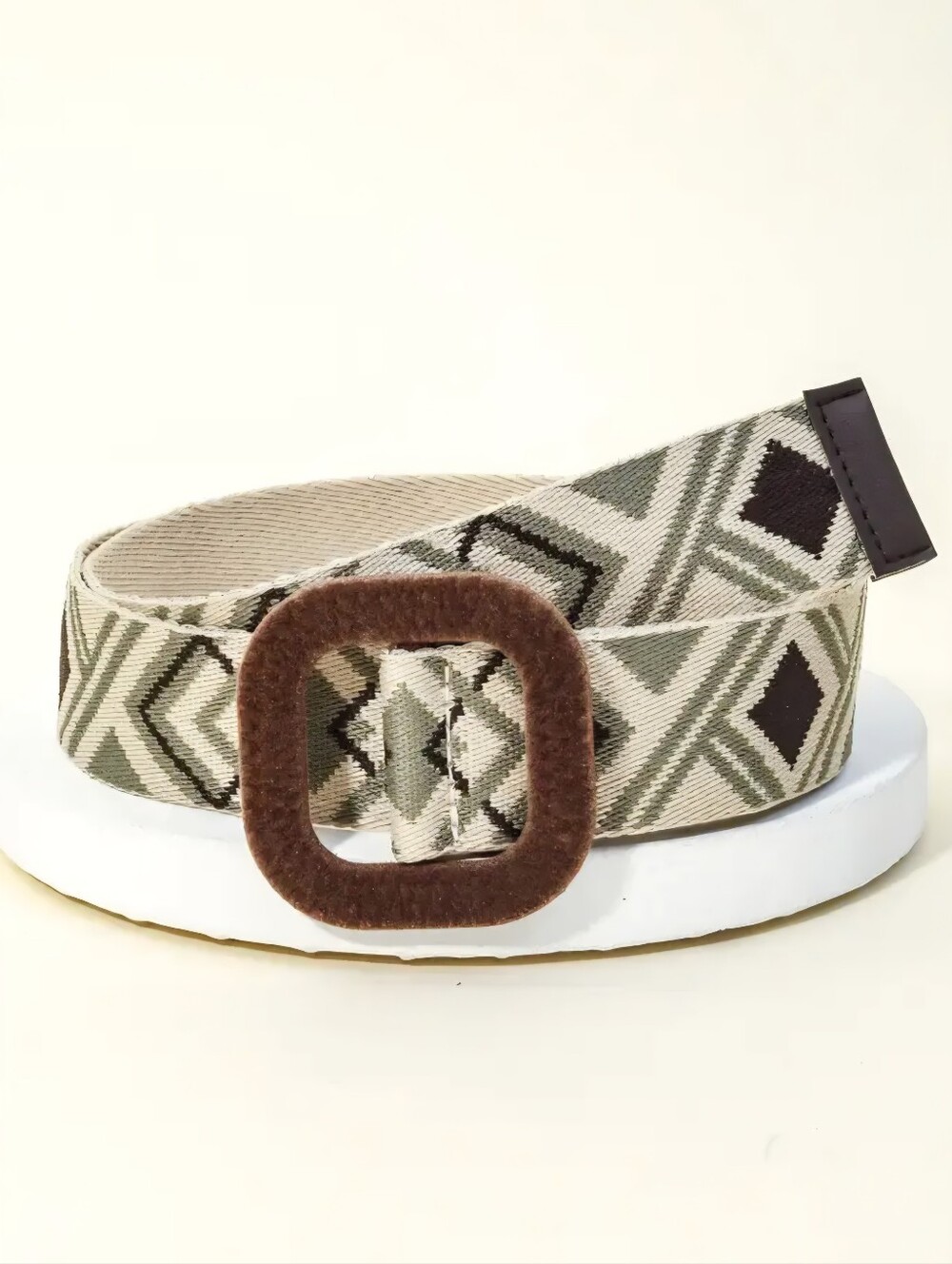 Canvas Geometric Pattern Men's Belt in Olive and Brown
